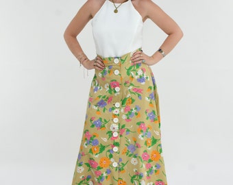 1970's Floral Print Button Front Summer Maxi Skirt