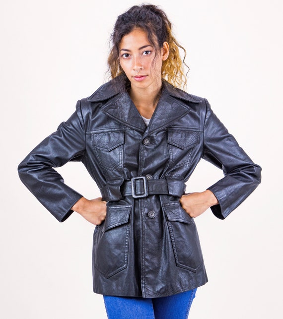 1970's Black Leather Semi Fitted Unisex Jacket Coa