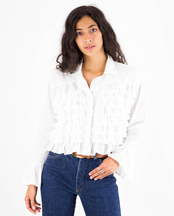 1990s White Cotton Multi Ruffle Front Blouse