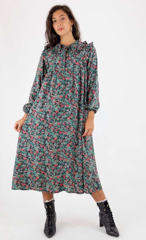 1980s Floral Print Ruffle Detail Prairie Smock Dre
