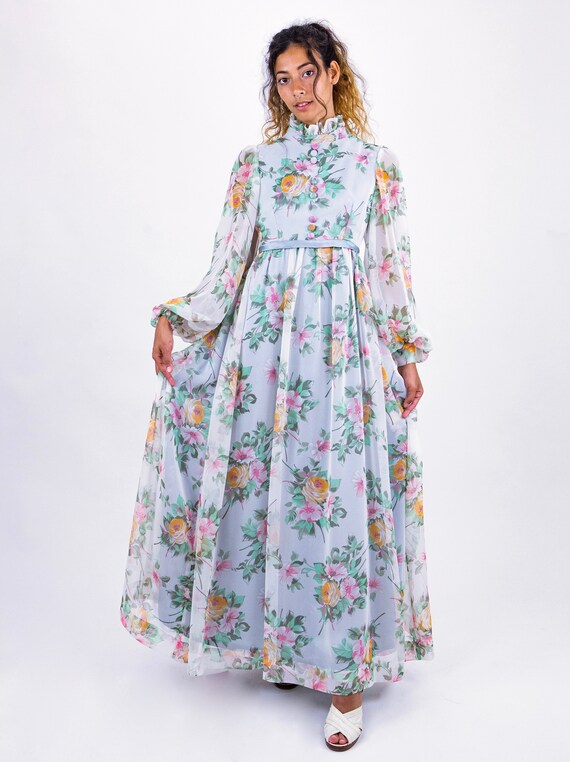 1970's Romantic Floral Poet Sleeve High Neck Maxi