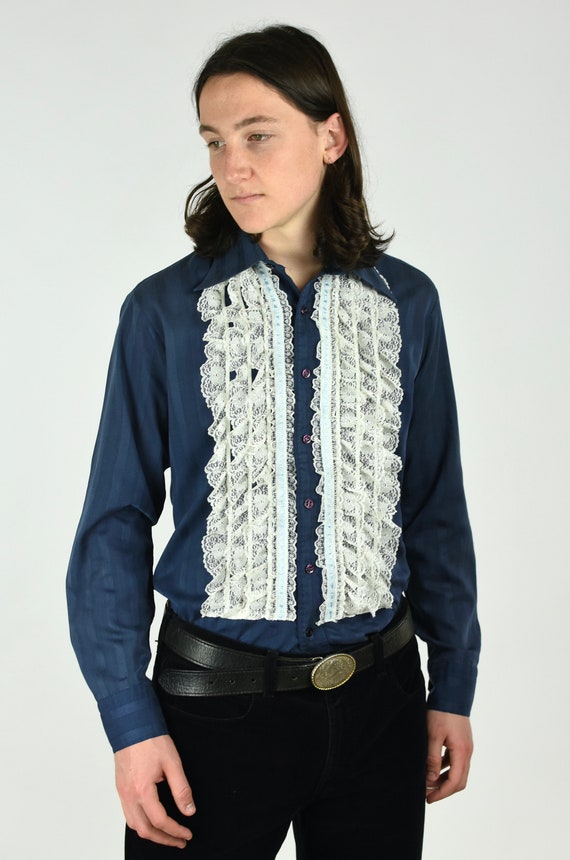 1970's Lace Ruffle Front Dagger Collar Men's Cotton T… - Gem