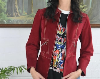1970s Red Suede Zip Front Rocker Jacket