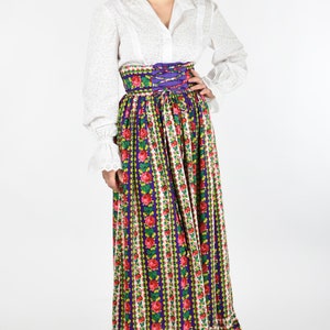 1960s Bright Floral Corset Waist Maxi Peasant Skirt image 7