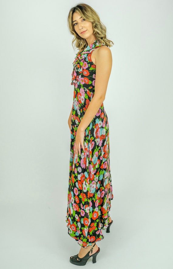 1970's Pretty Floral Ruffle V Neck Halter Maxi Dr… - image 6