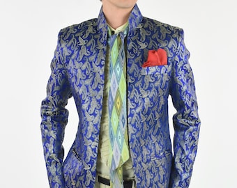 Vintage Metallic Paisley Nehru Collar Blue Blazer Jacket
