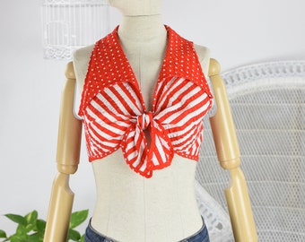 1970's Red and White Striped and Polkadot Print Tie Front Crop Top