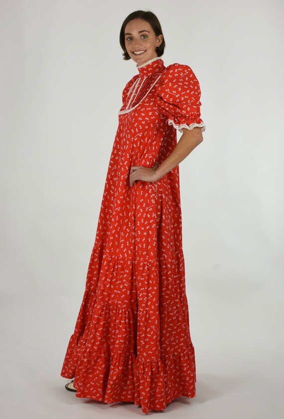 1970s Laura Ashley Red Floral Cotton Maxi Dress: Victorian Prairie