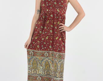 1970's Red Indian Cotton Halter Neck Summer Maxi Dress