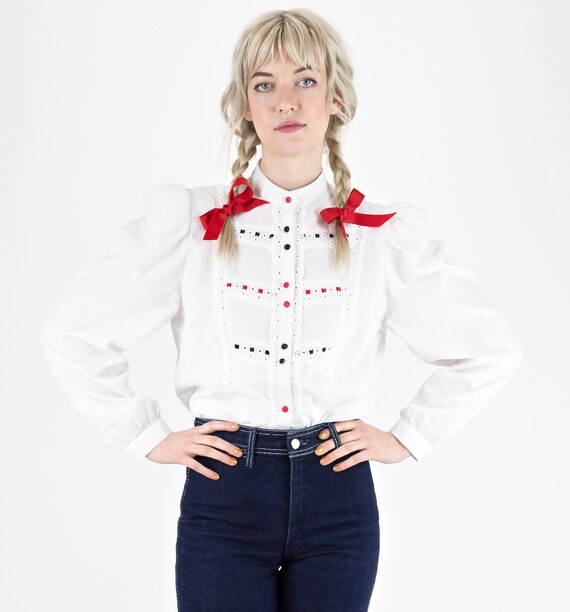 1980s White, Red and Blue Ribbon Lace Trim Puff Sl