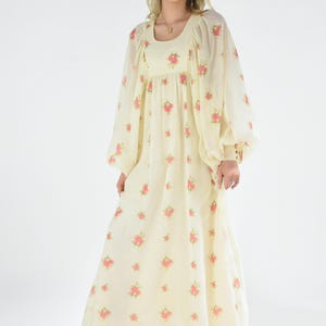1970&#39;s Cream Floral Bishop Sleeve Maxi Dress