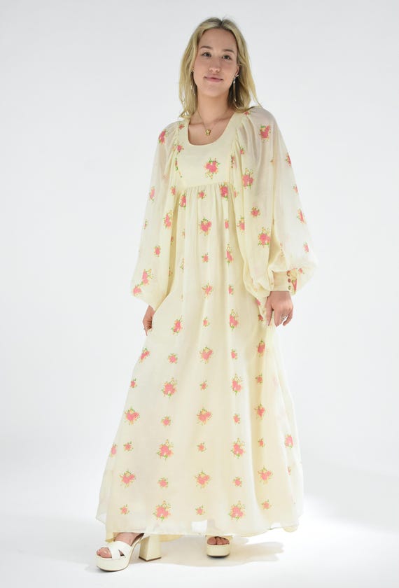 1970's Cream Floral Bishop Sleeve Maxi Dress