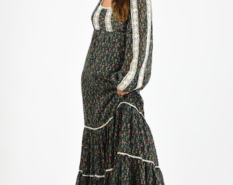 1970's Prairie Influence Floral Black Cotton and Lace Balloon Sleeve Maxi Dress