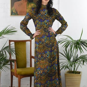 1970's Paisley Print High Neck Victorian Style Maxi Dress