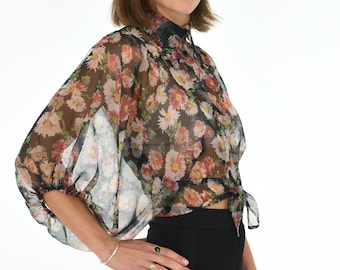 1970's Sheer Floral Batwing Bishop Sleeve Merivale Blouse