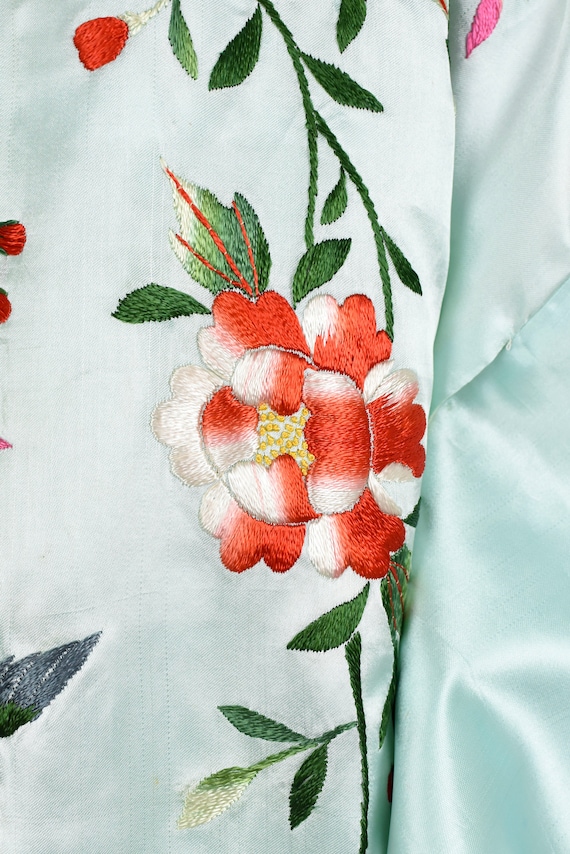 1940s Mint Green Embroidered Bird Floral Japanese Kimono