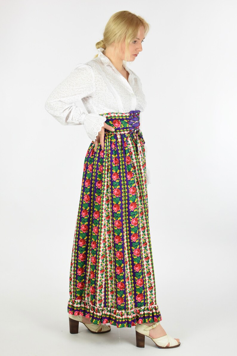 1960s Bright Floral Corset Waist Maxi Peasant Skirt image 2