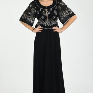1970s Janice Wainwright Embroidered Silver Floral Maxi Dress