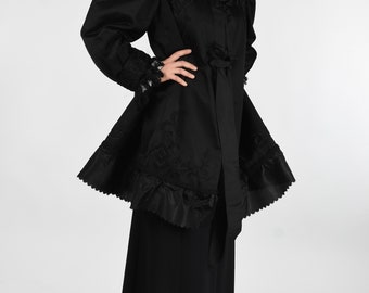 Victorian Midnight Black Embroidered Leg O Mutton Sleeve Mourning Coat