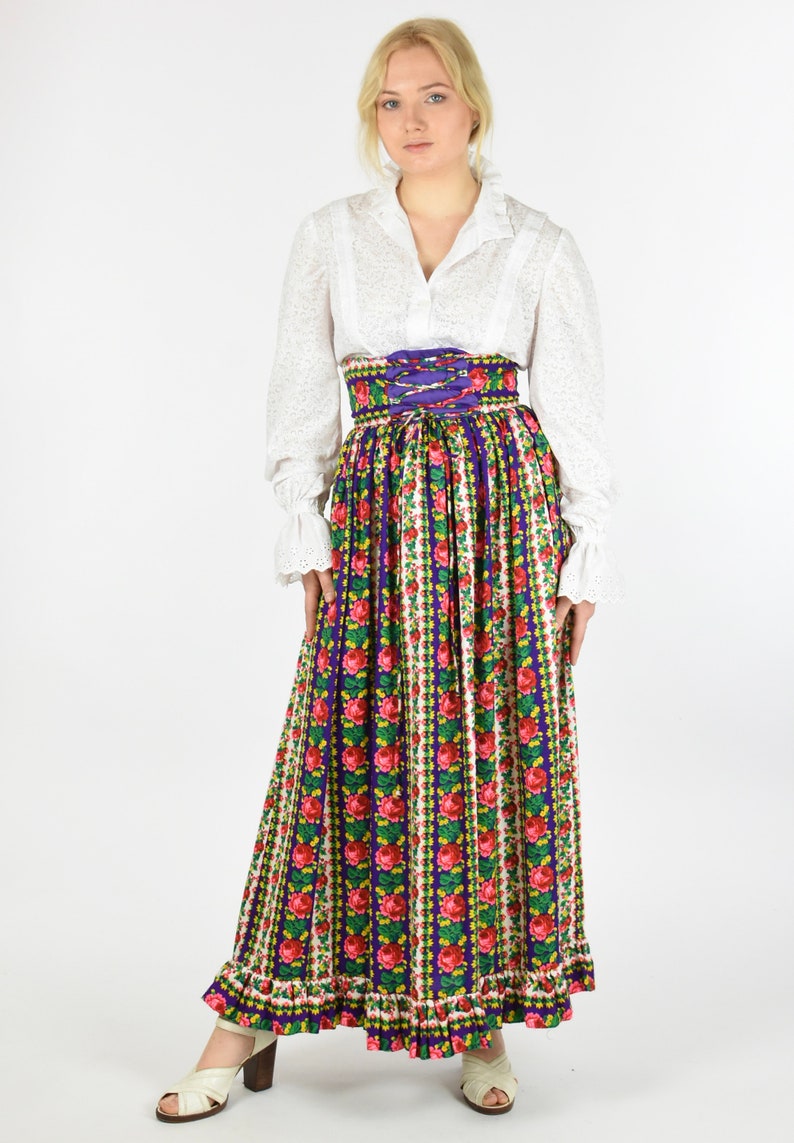 1960s Bright Floral Corset Waist Maxi Peasant Skirt image 3