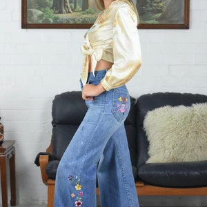 1970's Embroidered High Waist Blue Denim Flared Jeans
