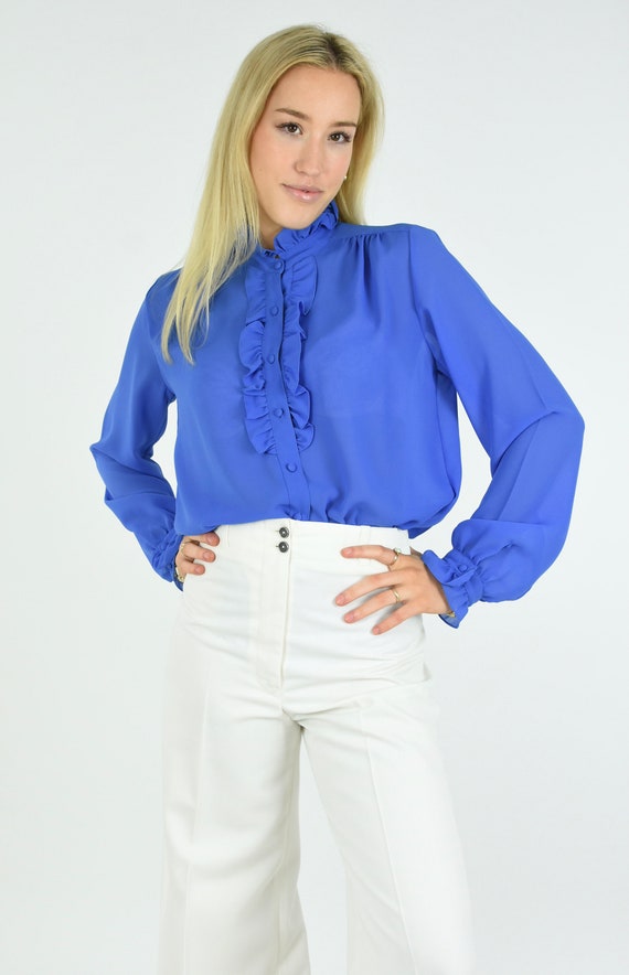 1970s Semi Sheer Blue High Neck Ruffle Collar Blo… - image 2