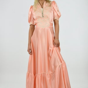 1970&#39;s Apricot Satin and Lace Front Puff Sleeve Gunne Style Maxi Dress