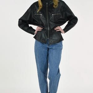 1980&#39;s Batwing Zip Detail Black Leather Jacket
