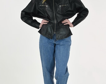 1980er Schwarze Lederjacke mit Fledermausreißverschluss