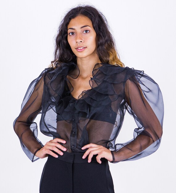 1980's Sheer Black Ruffle Collar Poet Sleeve Blous