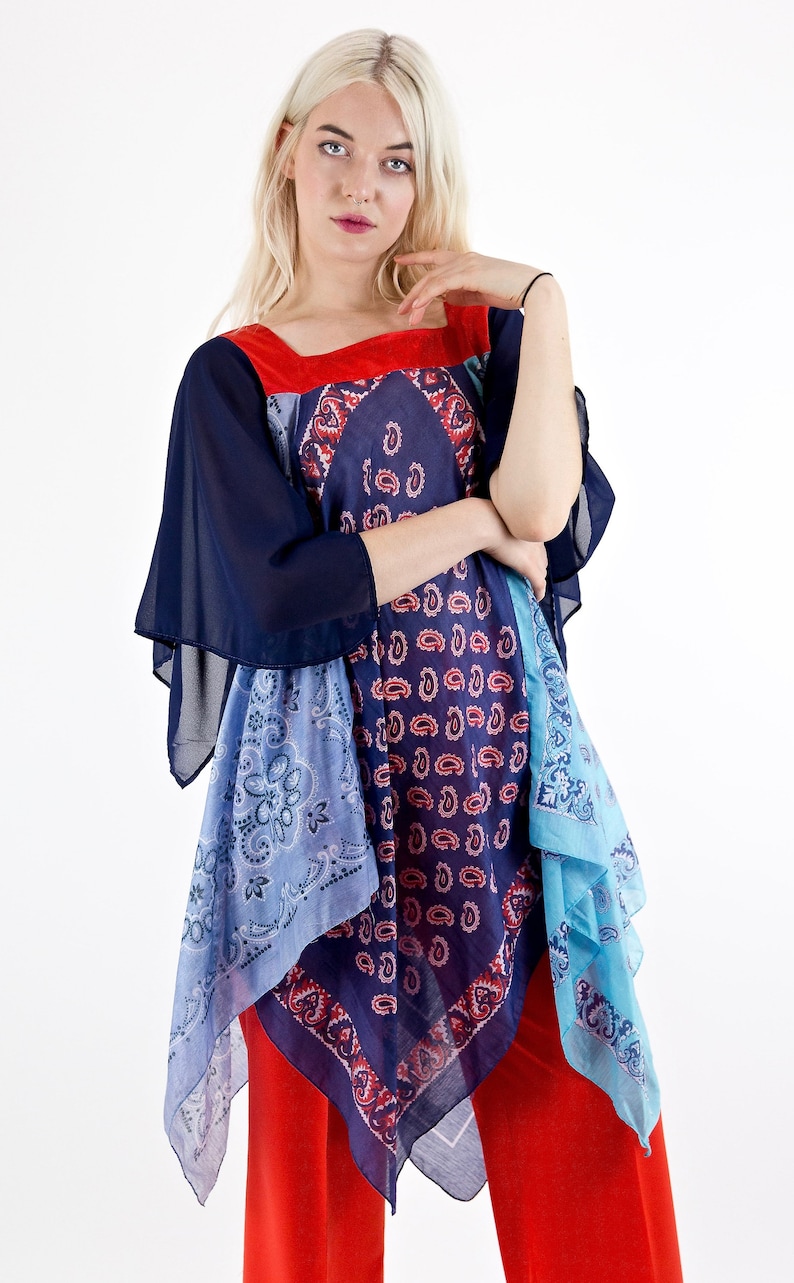 Bohemian Dreams Vintage 70/'s Floaty Mixed Pattern Angel Sleeve Scarf Top Dress