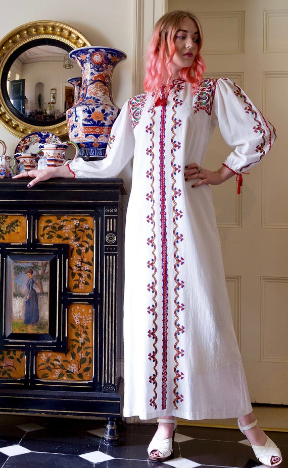 1970s Embroidered Bohemian Puff Sleeve Cotton Maxi