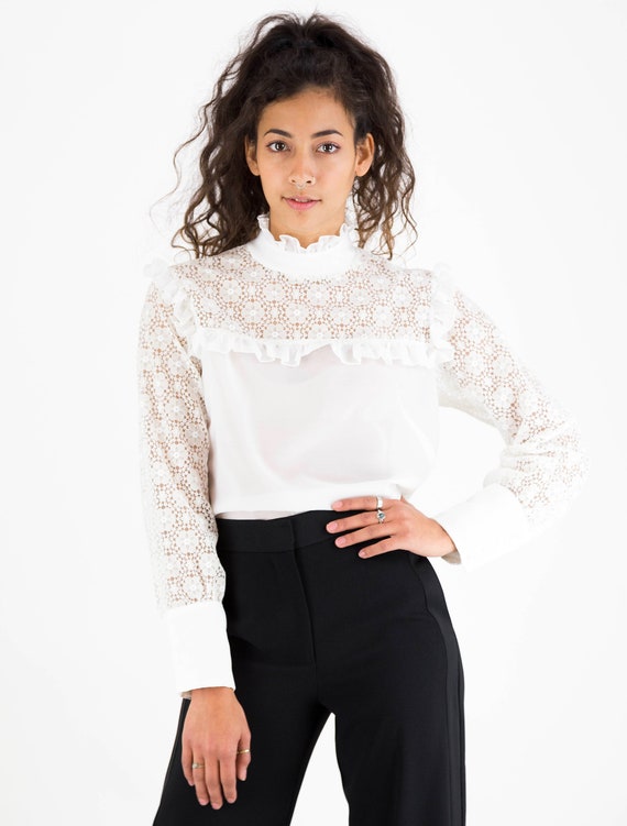 1960s White Lace High Collar Puff Sleeve Blouse