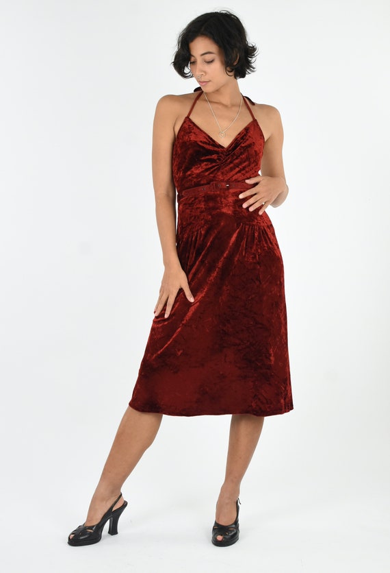 1970's Ruby Red Crushed Velvet Halterneck Dress w… - image 3