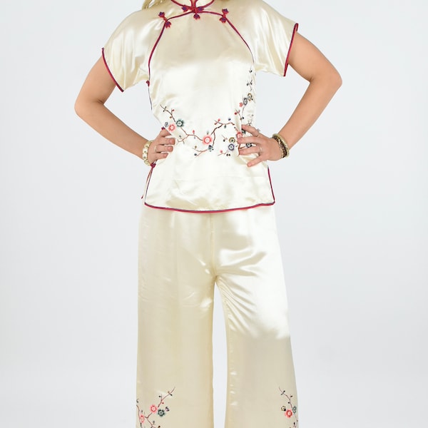 1930s Cream Silk Satin Embroidered Cherry Blossom Pyjama Lounge Wear Set