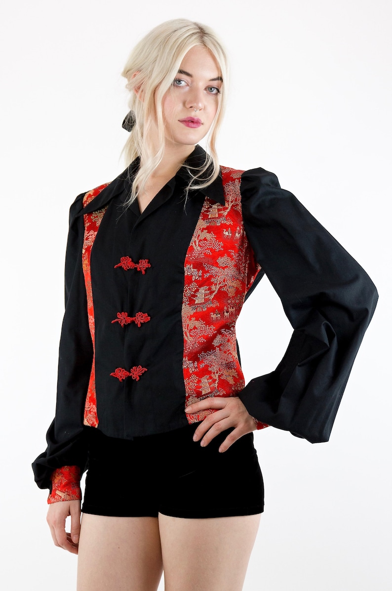 Awesome Vintage 70/'s Black Cotton and Red Oriental Satin Brocade Long Poet Sleeve Jacket Blouse