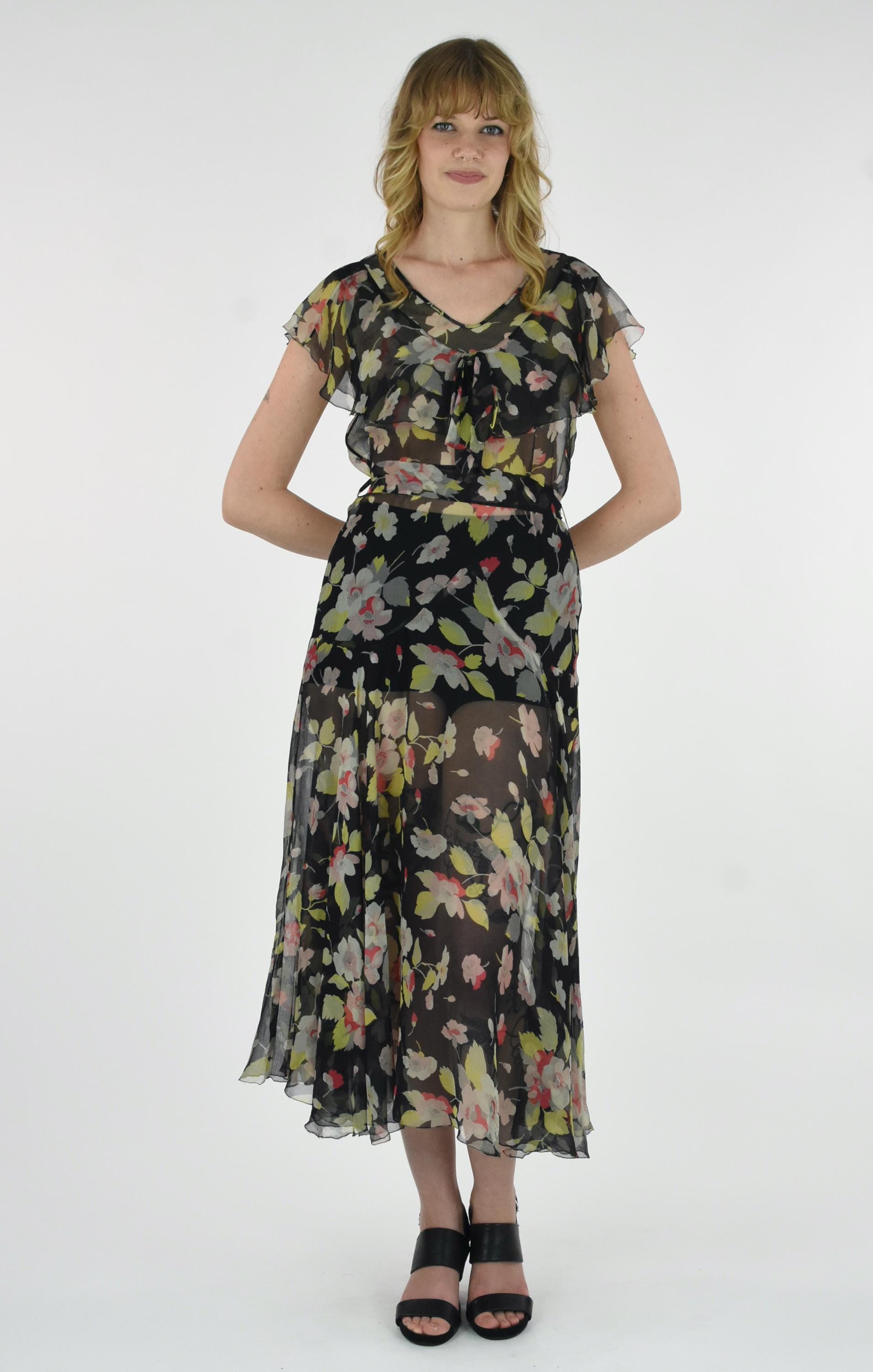 1930's Semi Sheer Floral Print Black Silk Chiffon Dress - Etsy
