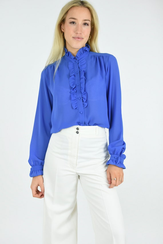 1970s Semi Sheer Blue High Neck Ruffle Collar Blo… - image 1