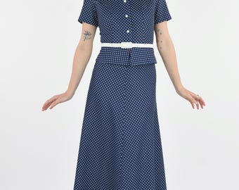 1970's Navy Blue and White Polka Dot Jacket Top and Maxi Skirt