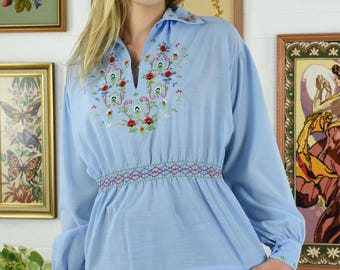 1970's Baby Blue Embroidered Floral Long Sleeve Peasant Blouse