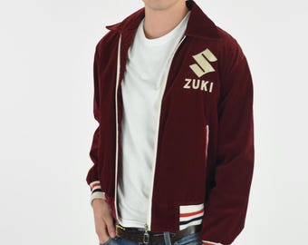 Vintage Maroon Velvet and White Knit Zip Front Jacket
