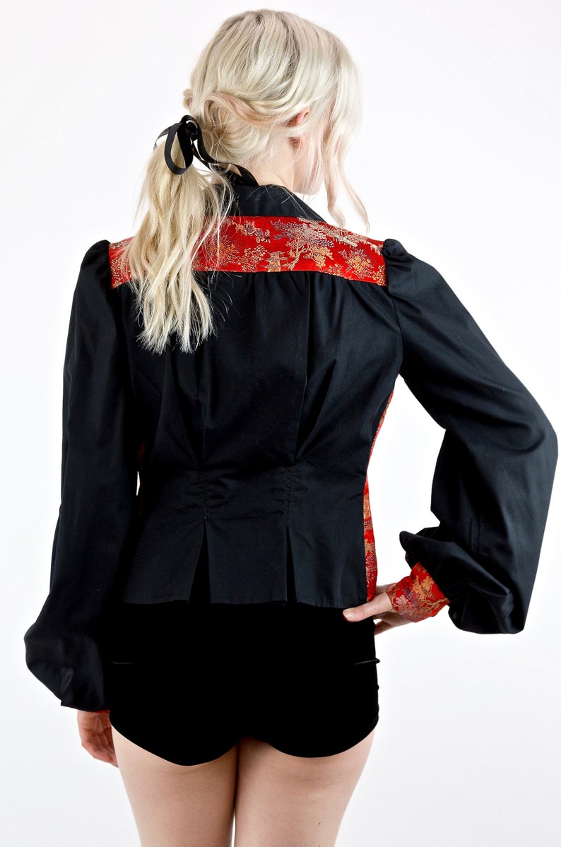 Awesome Vintage 70/'s Black Cotton and Red Oriental Satin Brocade Long Poet Sleeve Jacket Blouse