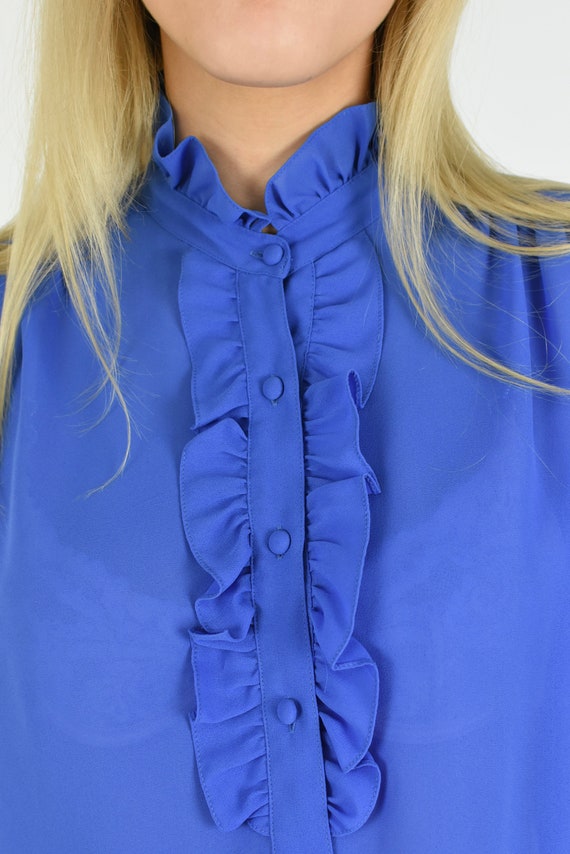 1970s Semi Sheer Blue High Neck Ruffle Collar Blo… - image 7