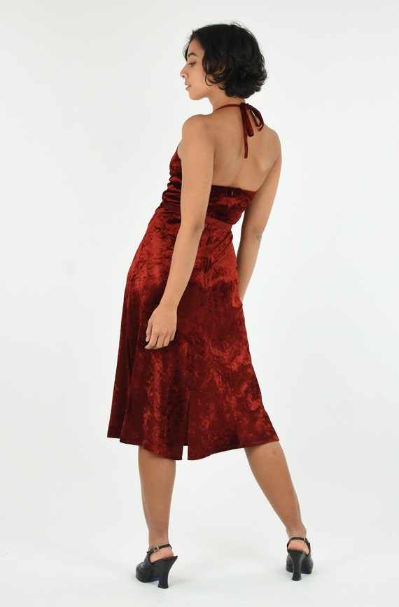 1970's Ruby Red Crushed Velvet Halterneck Dress w… - image 7