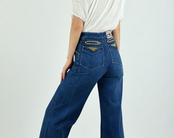 1970's Dachet High Waist Blue Denim Leather Trim Flared Jeans