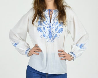 1980's Embroidered Blue Floral Long Sleeve Peasant Blouse