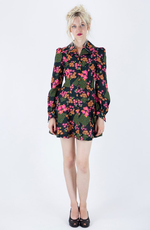 1970s Floral Puff Sleeve Mini Dress