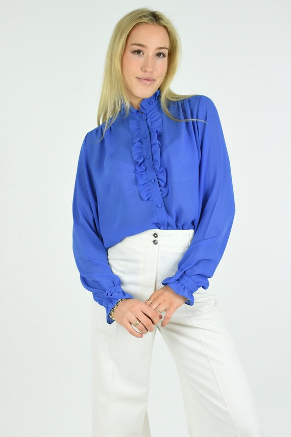 1970s Semi Sheer Blue High Neck Ruffle Collar Blo… - image 6