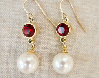 1970s Gold Plated Red Glass and Pearl Dangle Earrings