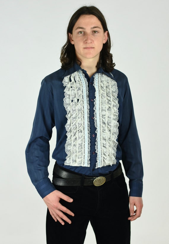 1970's Lace Ruffle Front Dagger Collar Men's Cotton T… - Gem